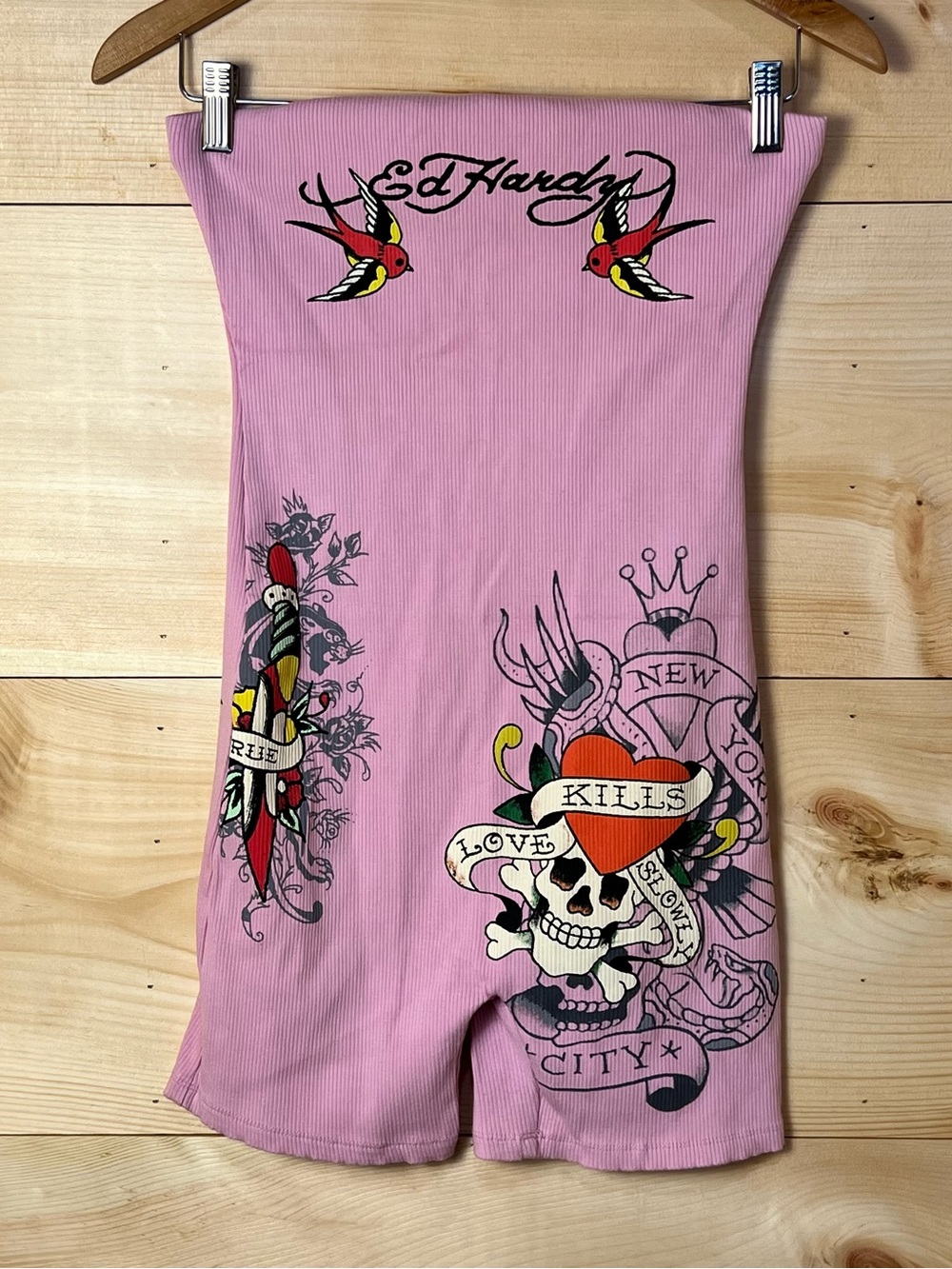 Ed Hardy Y2K Girls' Pink “Love Kills” Tube Romper - Edgy TattooCore Streetwear
